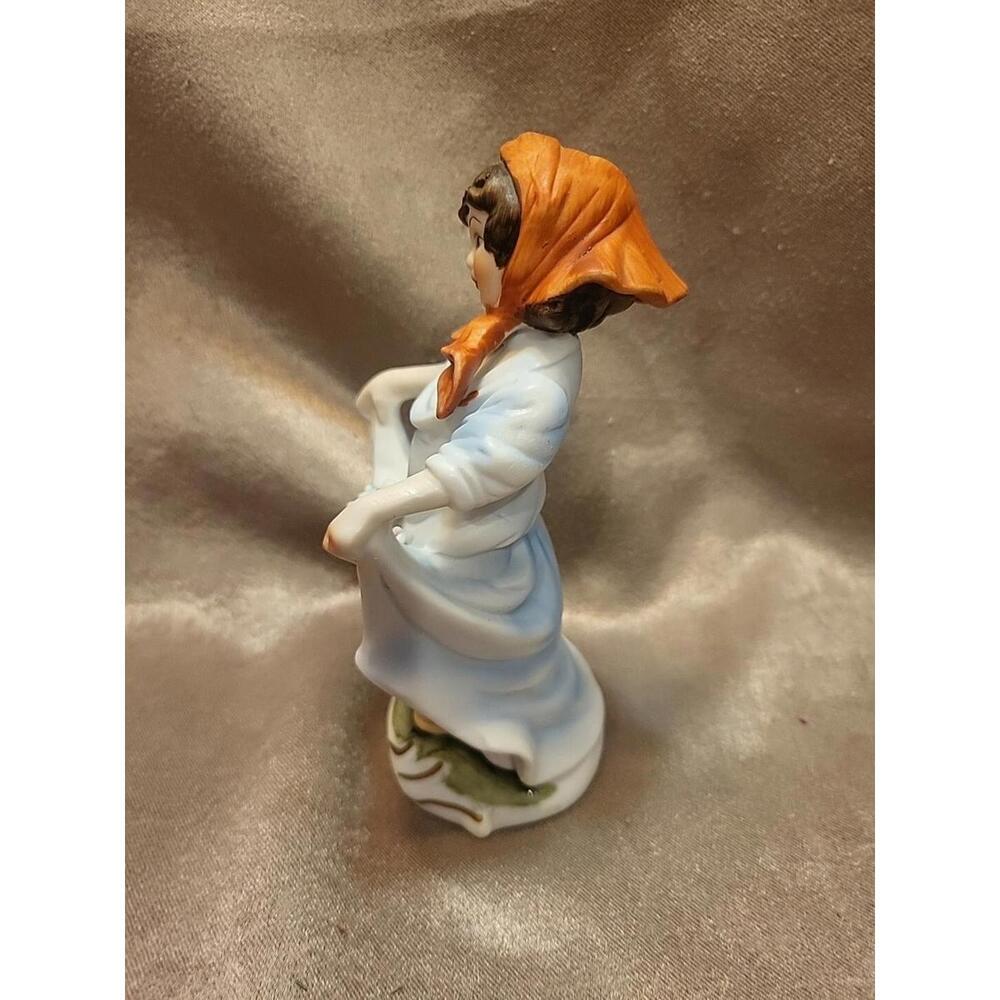 Vintage Ceramic Figurine - Girl With Red Scarf Holding Flowers in Her Dress - Picture 4 of 10